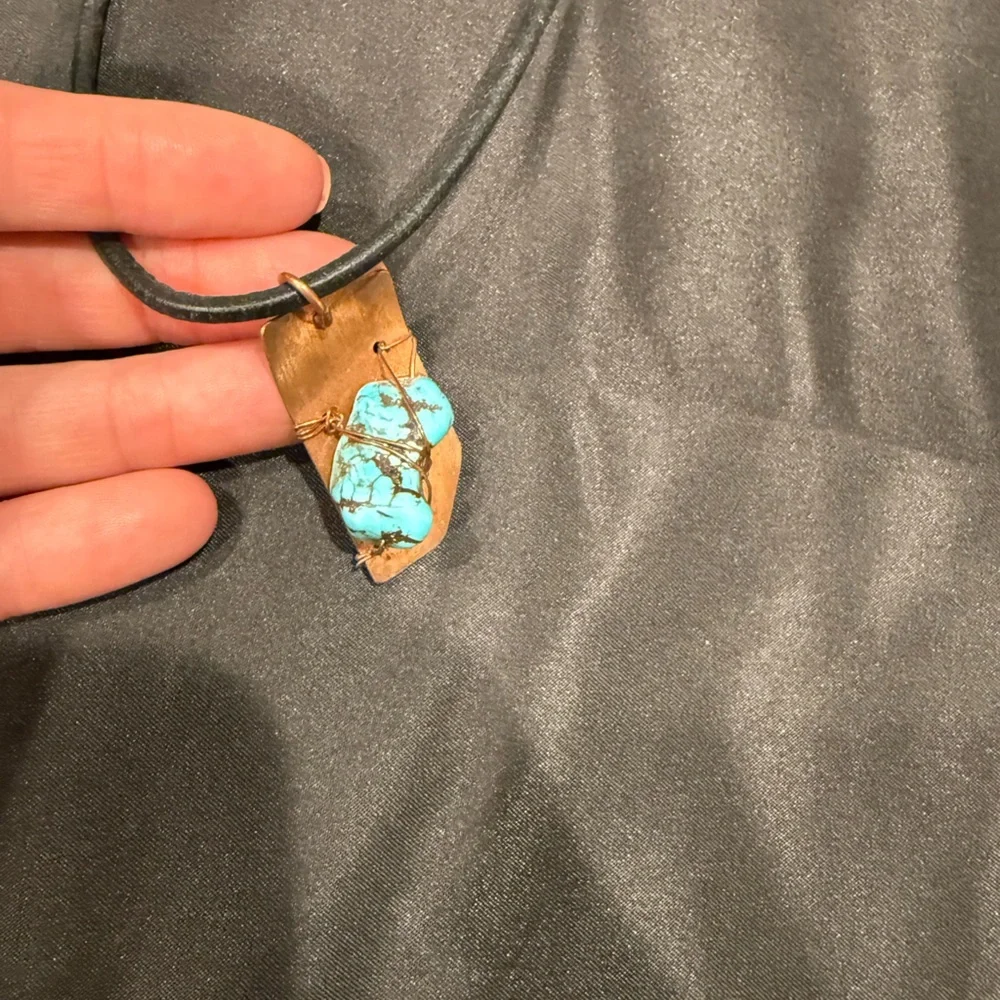 Artisan Copper Wire Wrapped Natural Turquoise Pendant with Leather Cord
